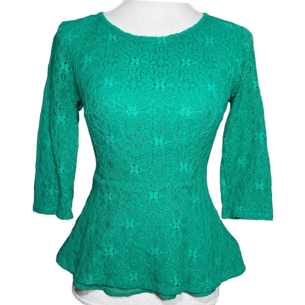 Moulinette Soeurs Peplum Top 4 Lace Keyhole Flare Half Sleeve Floral Kelly Green
